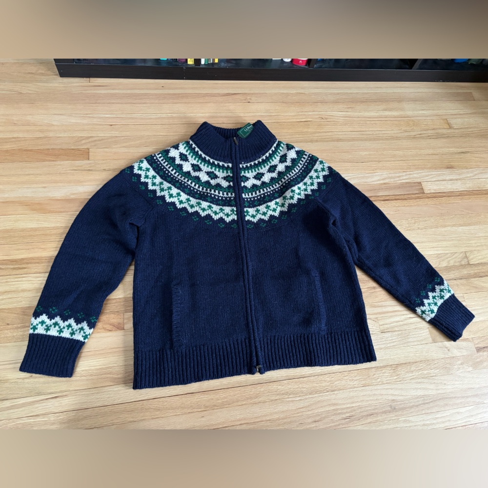 NWT LL Bean Lambswool navy fair isle zip up cardigan